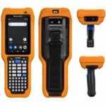 Terminal Honeywell CK65 con protector naranja y mango mostrada en cuatro vistas